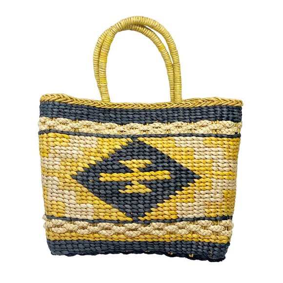 Tribal Basket Bag Black Tan Yellow Made of Corn Husk - Picture 8 of 11